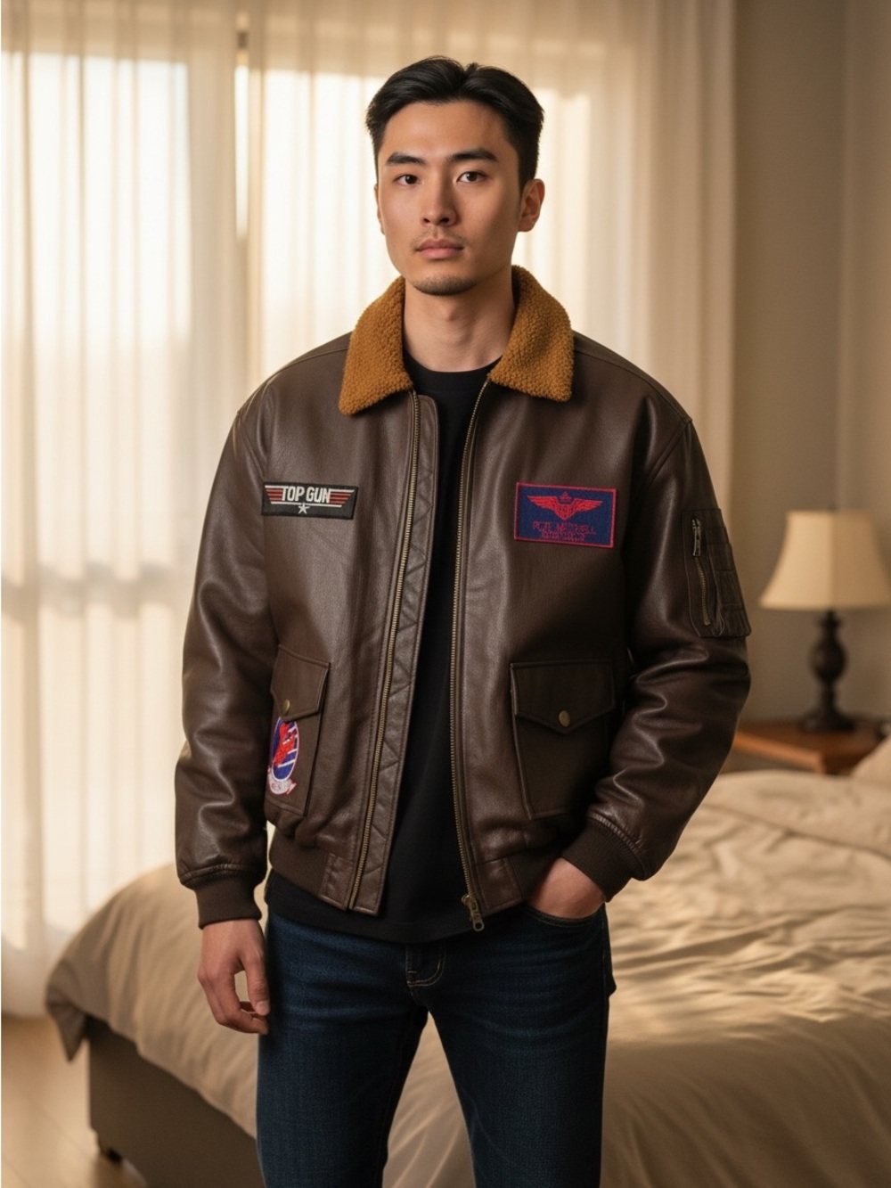 Brown Faux Leather Bomber Jacket with Gold Sherpa Collar Patches L